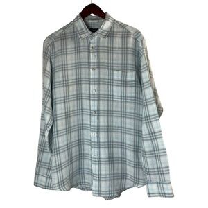 ZEGNA SPORT  Checked Linen Button Front Shirt in Light Blue and Gray Plaid Sz M
